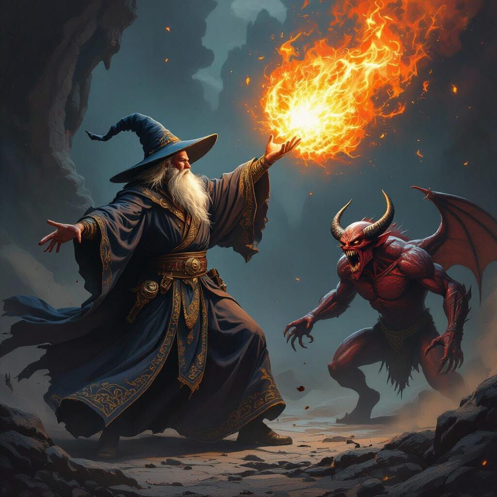 Wizard Throws Fireball at Demon in Fantasy Art Style