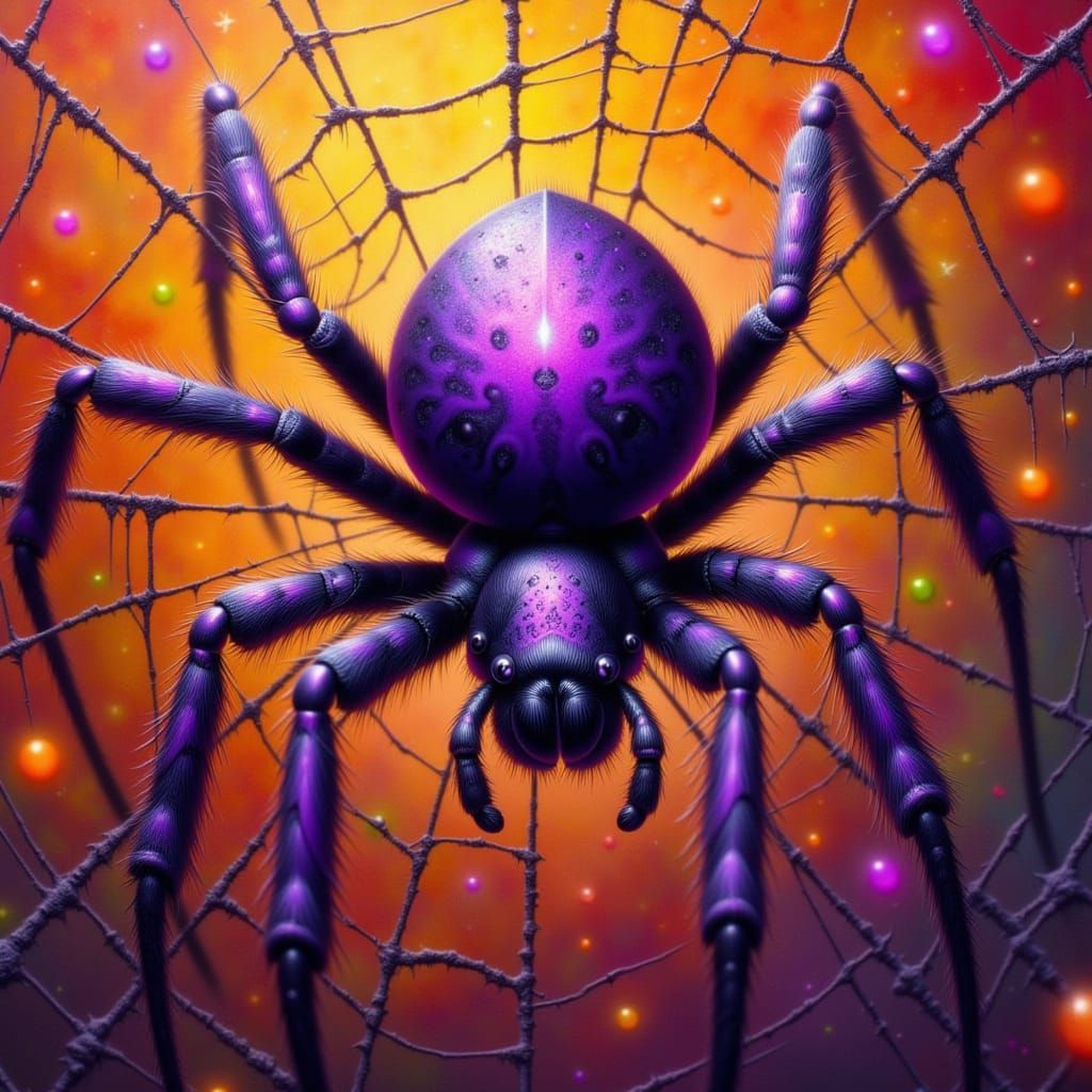 Whimsical Spider Web with Purple Spider