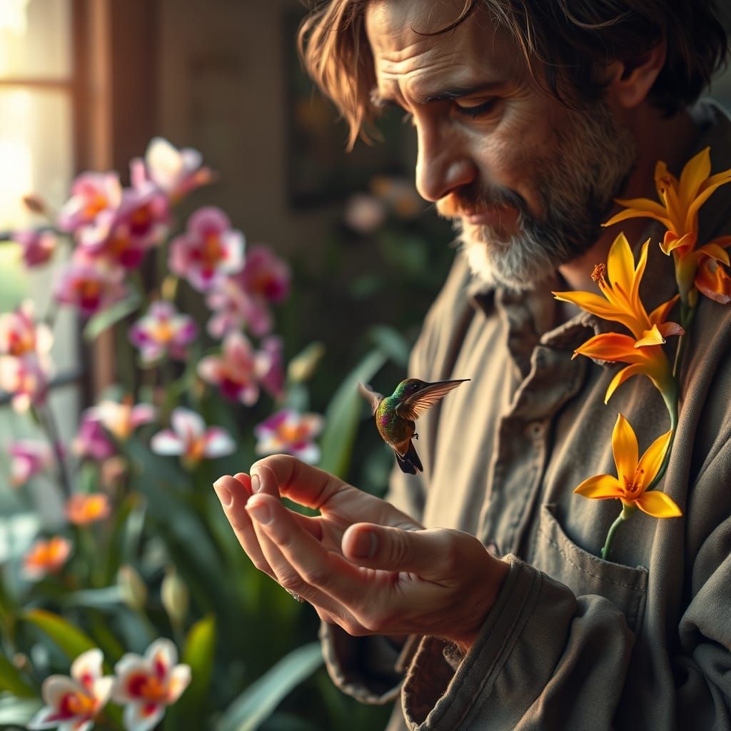 Warm, Golden-Hued Portrait of Gentle Man with Wounded Hummin...