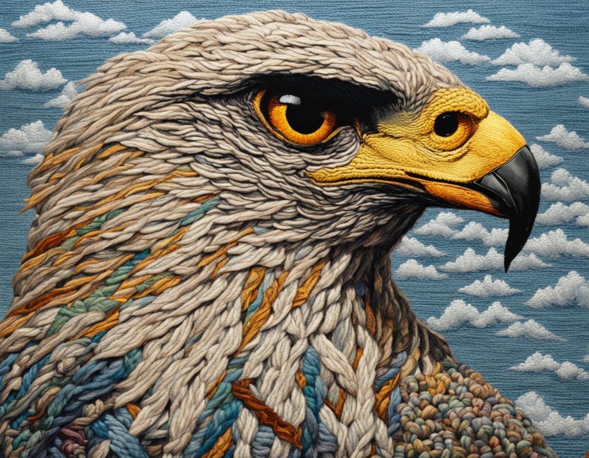 Embroidered Needlepoint Hawk on Nest Macro Shot