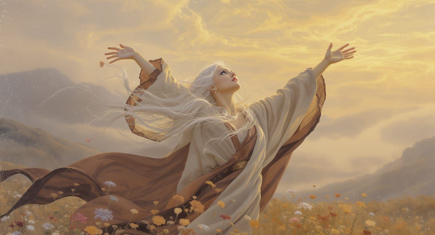 Mystical Woman in Golden Landscape Oil Painting