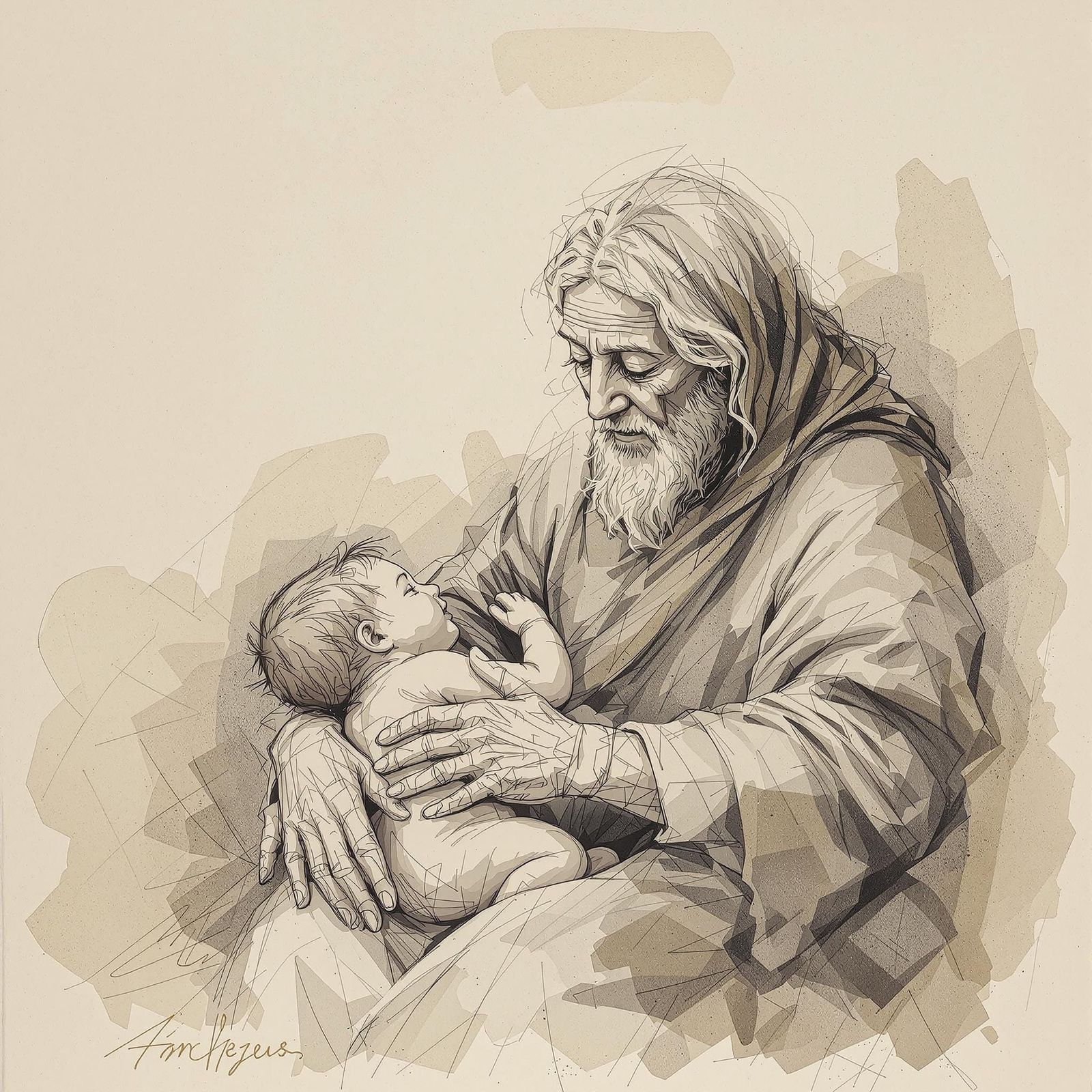 Jesus, Woman, and Baby in Ink Drawing Style