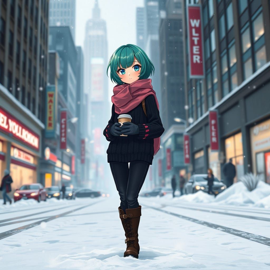 Woman in Winter Cityscape, Inspired by Anime and Fantasy