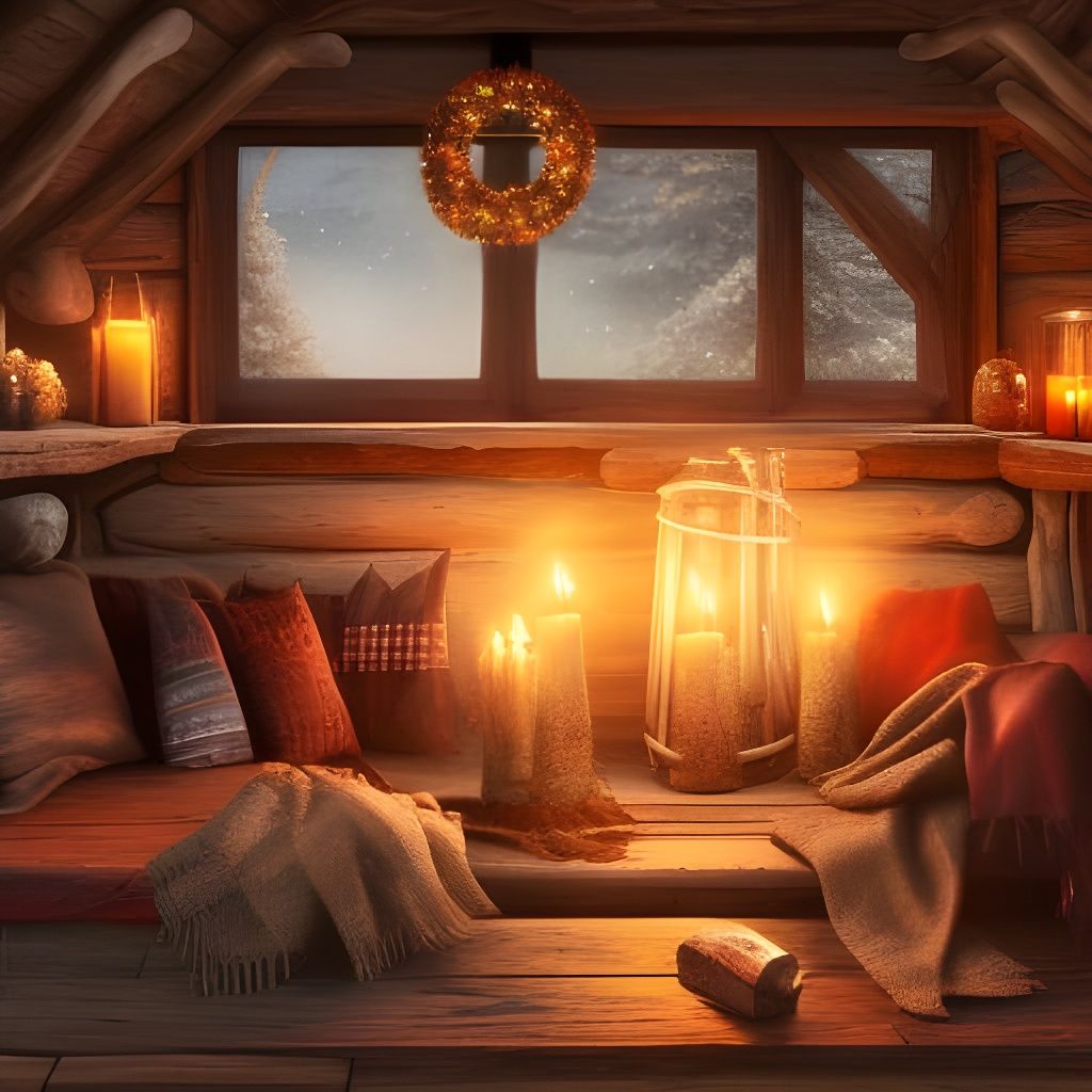 Cozy Christmas Cabin Interior in Matte Painting Style