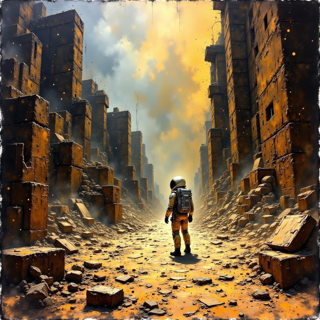 Astronaut Explores Ancient Ruins: Hyperrealistic Splash Art