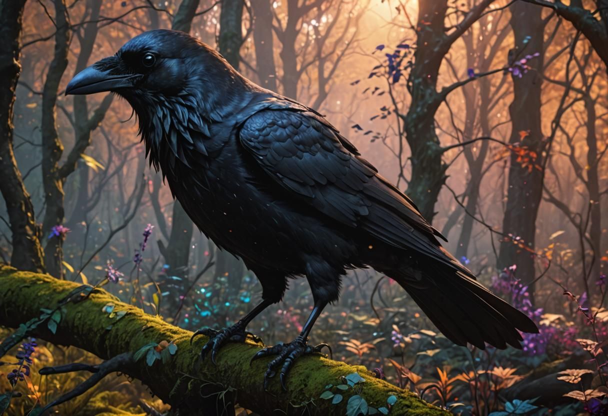 Crow in Magical Forest: Detailed Fantasy Art