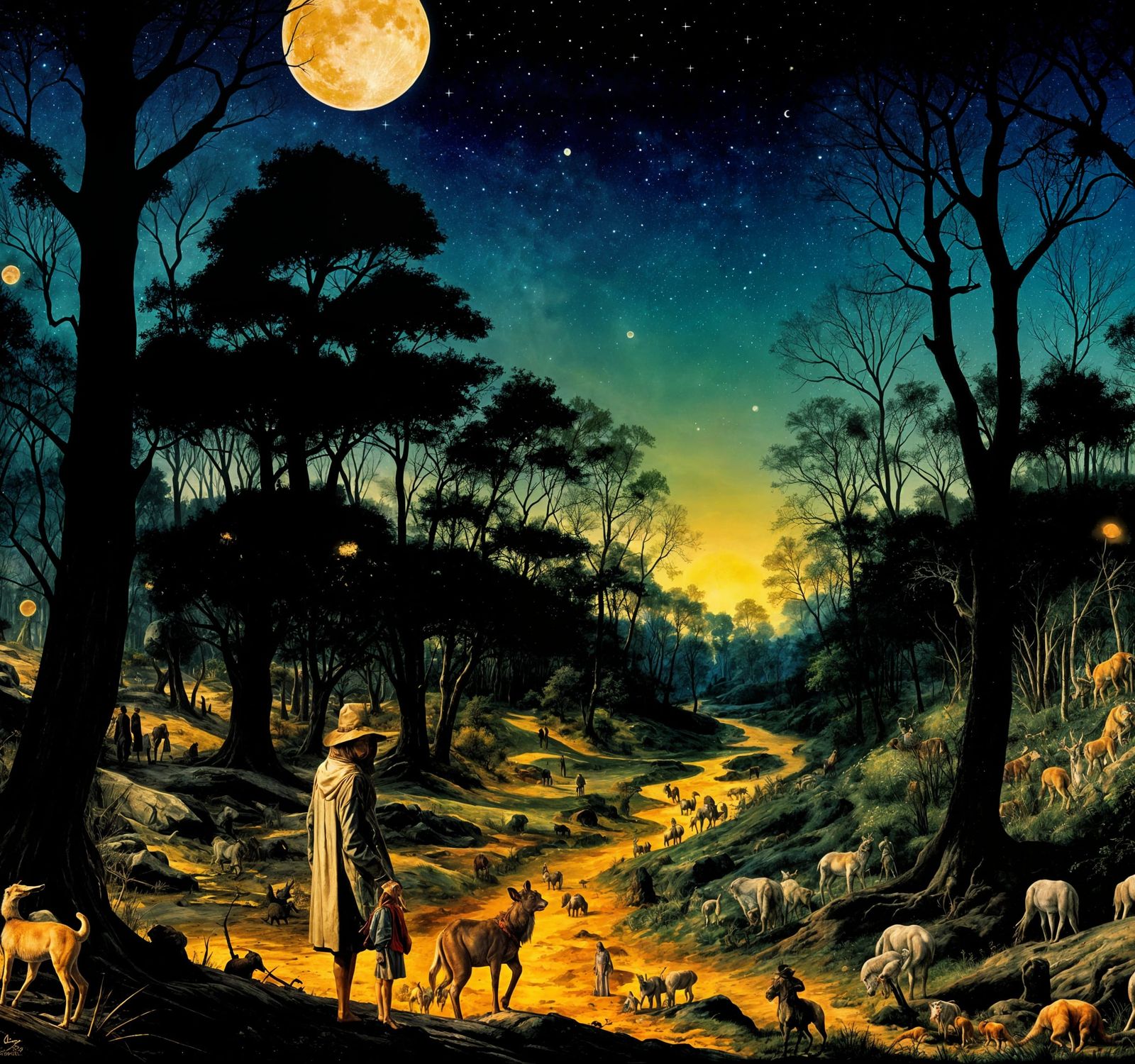 Couple in Bosch-Inspired Landscape at Night