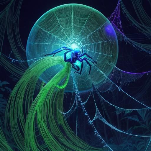 Bioluminescent Spider Weaving Web in Misty Forest