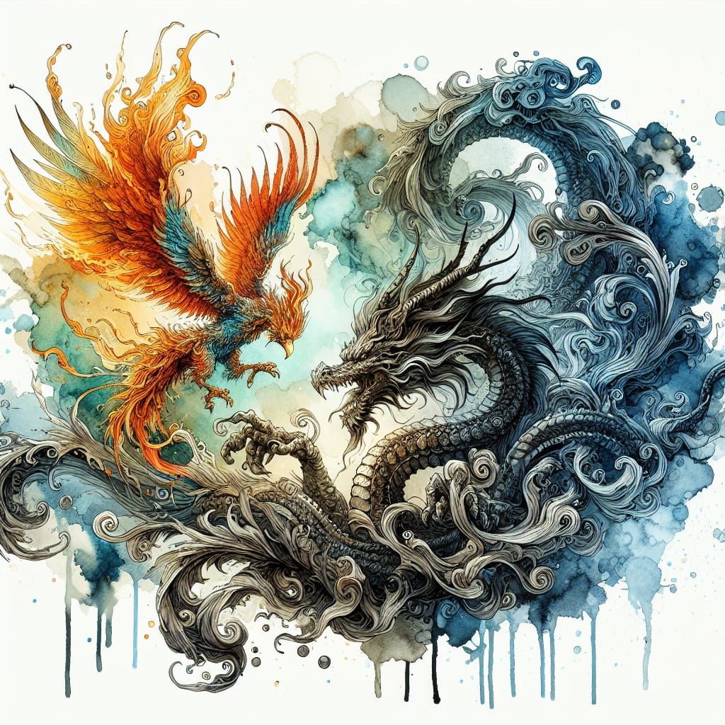 Gothic Dragon and Phoenix in Colored Ink Style