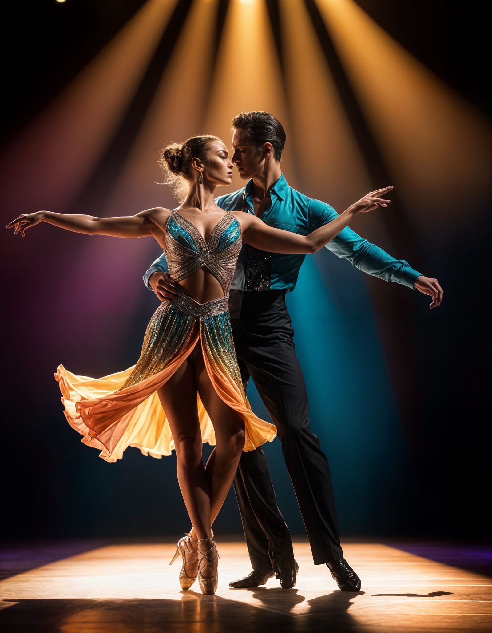 Professional Dancers in Spotlight, Photorealistic