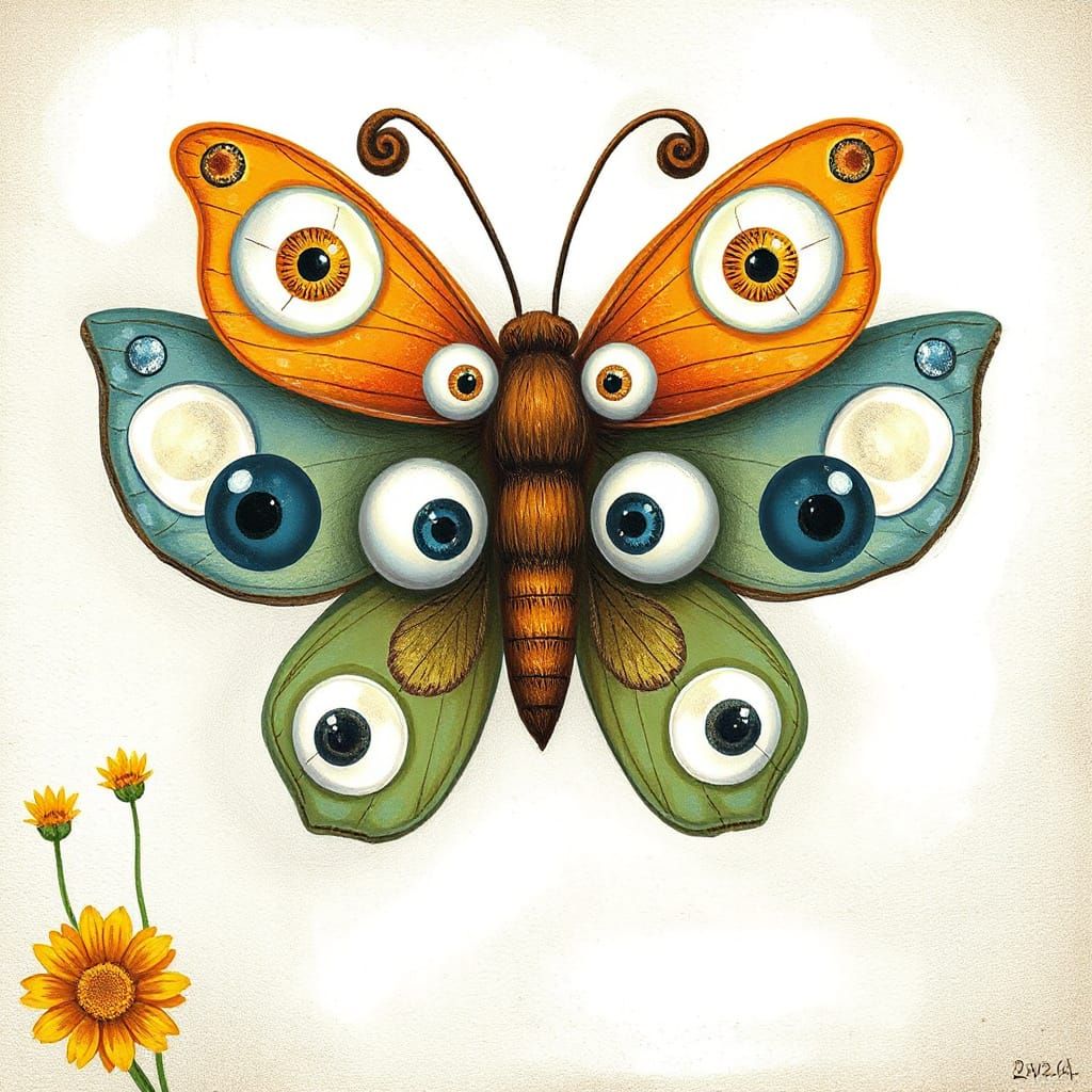 Whimsical Cartoon Cross-Eyed Butterfly with Googly Eyes