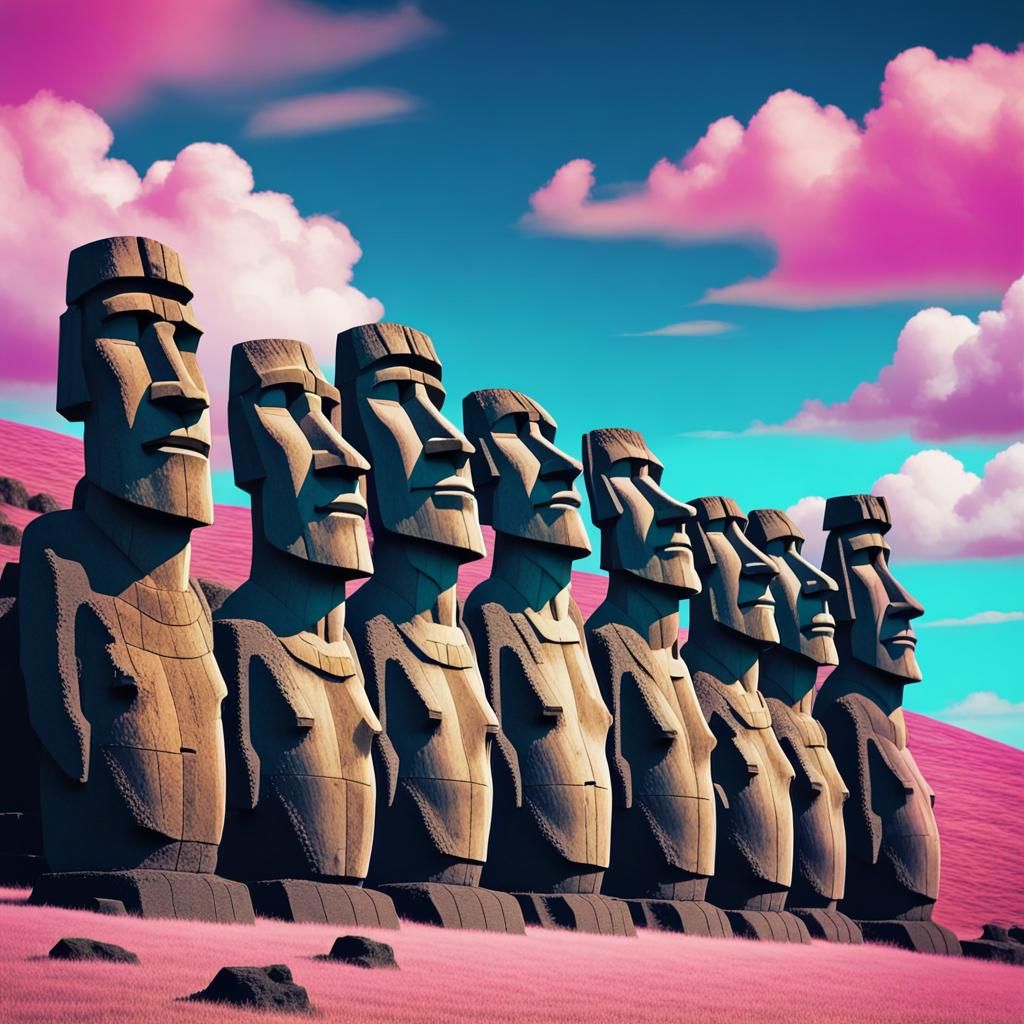 Vaporwave Moai Statues on Easter Island