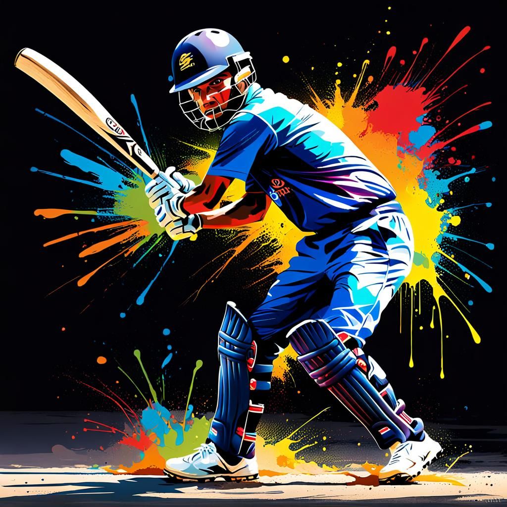 cricket, batsman, dynamic, light, streaks, low, hard, lighti...