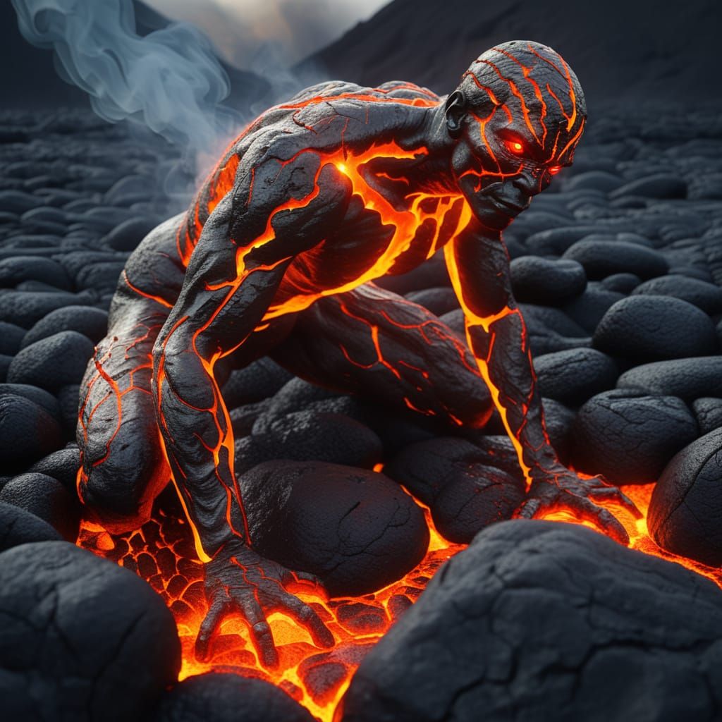 Lava Humanoid Crawling on Volcanic Rock