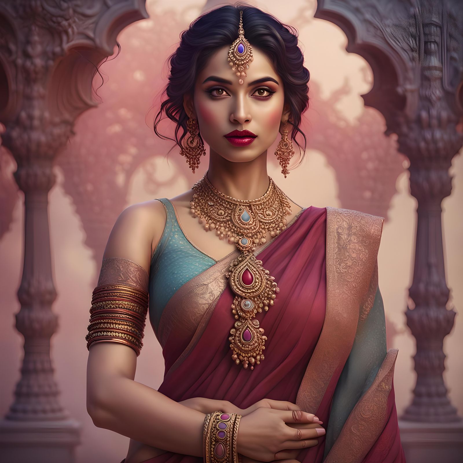 Indian Woman in Transparent Saree, Detailed Fantasy Art