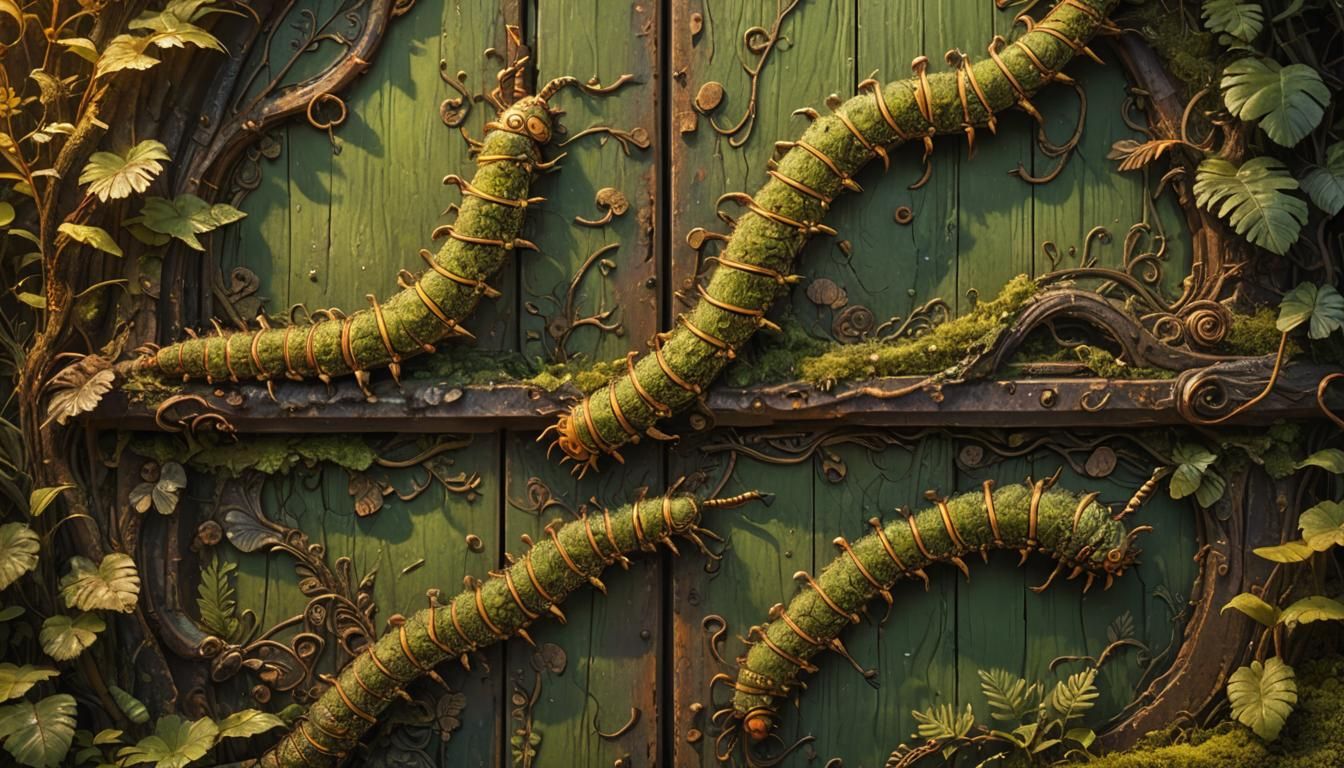 Caterpillars on Mossy Door: Fantasy Concept Art