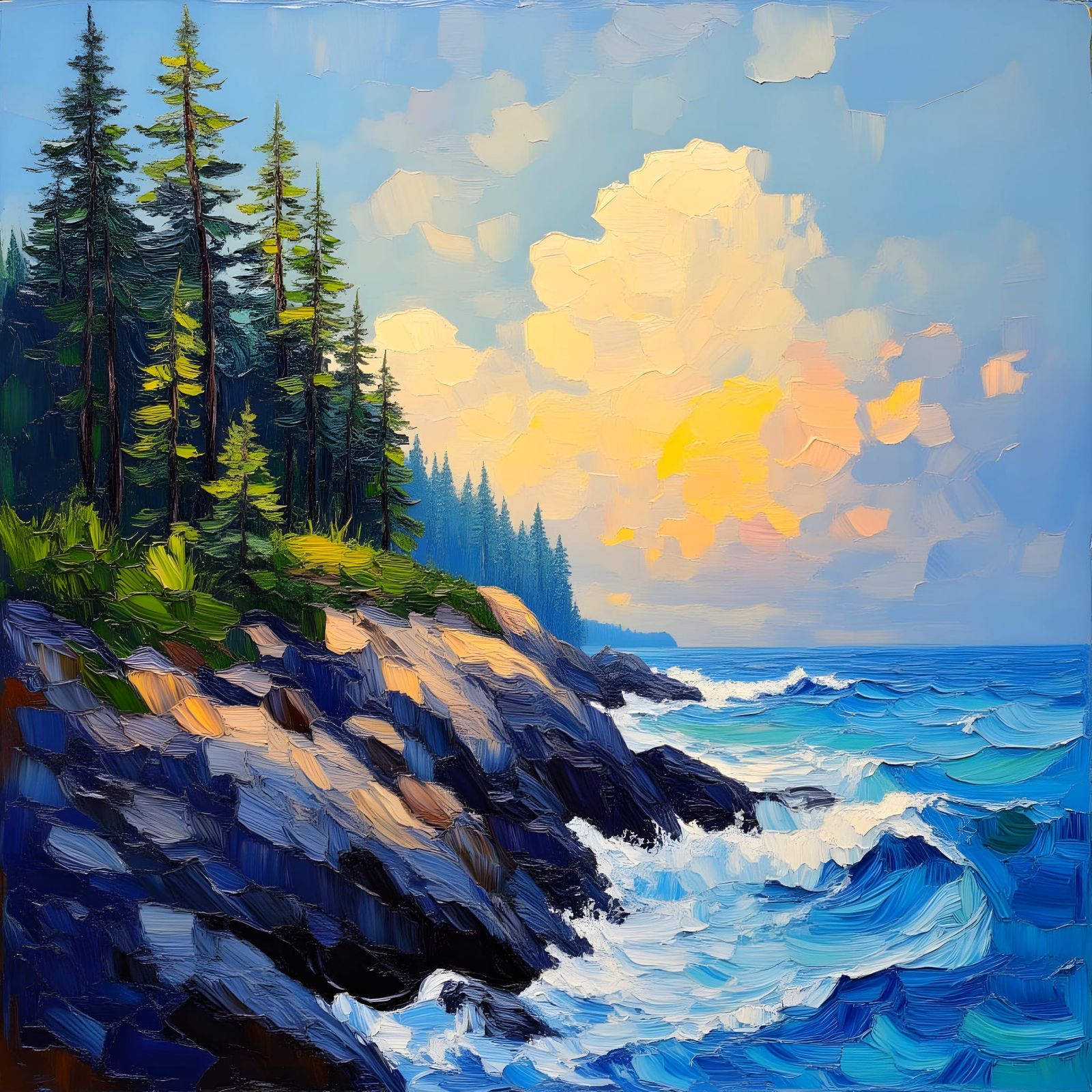 Maine Coastline Impasto Painting with Lighthouse at Sunset