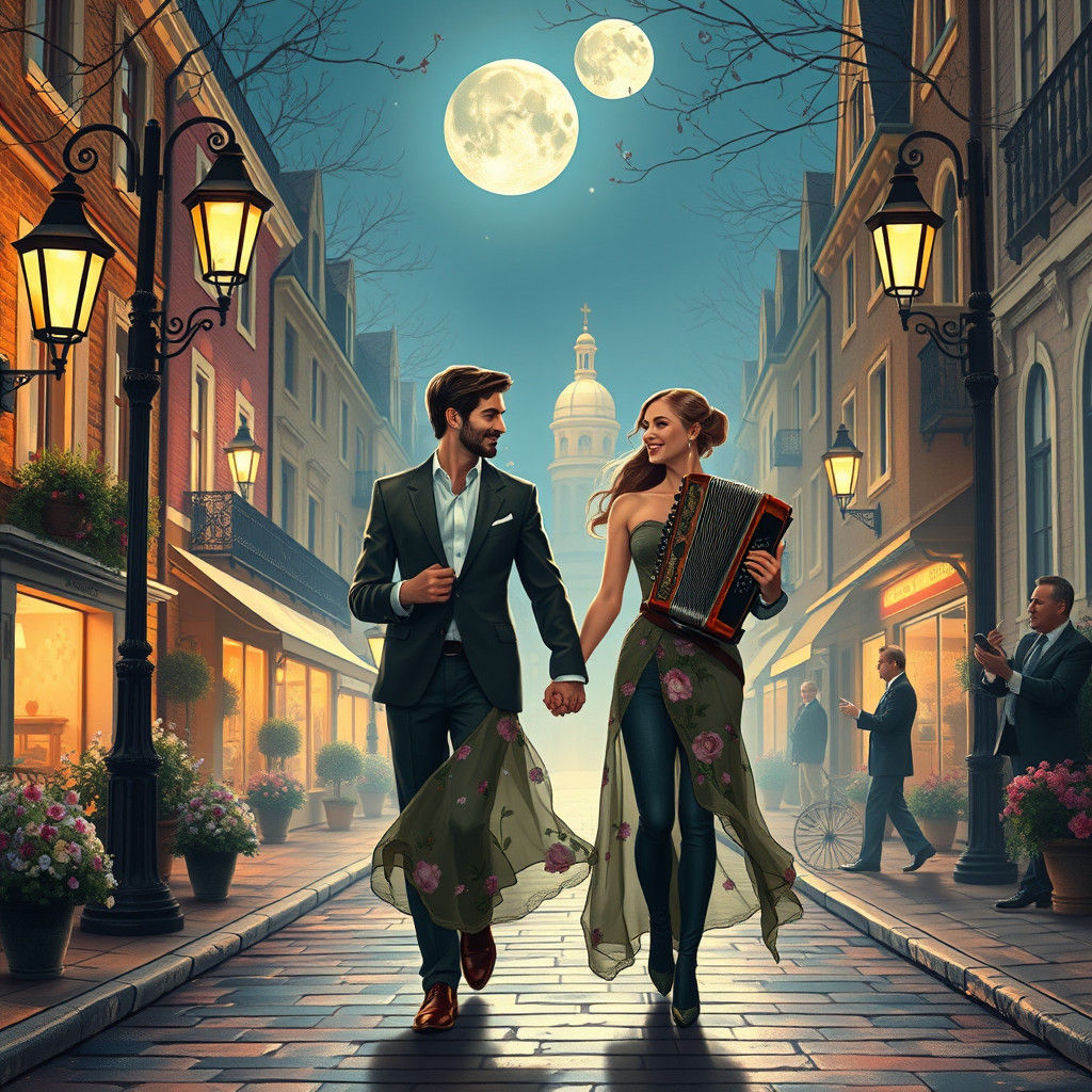 Romantic Couple Stroll in Moonlit Impressionistic Neighborho...