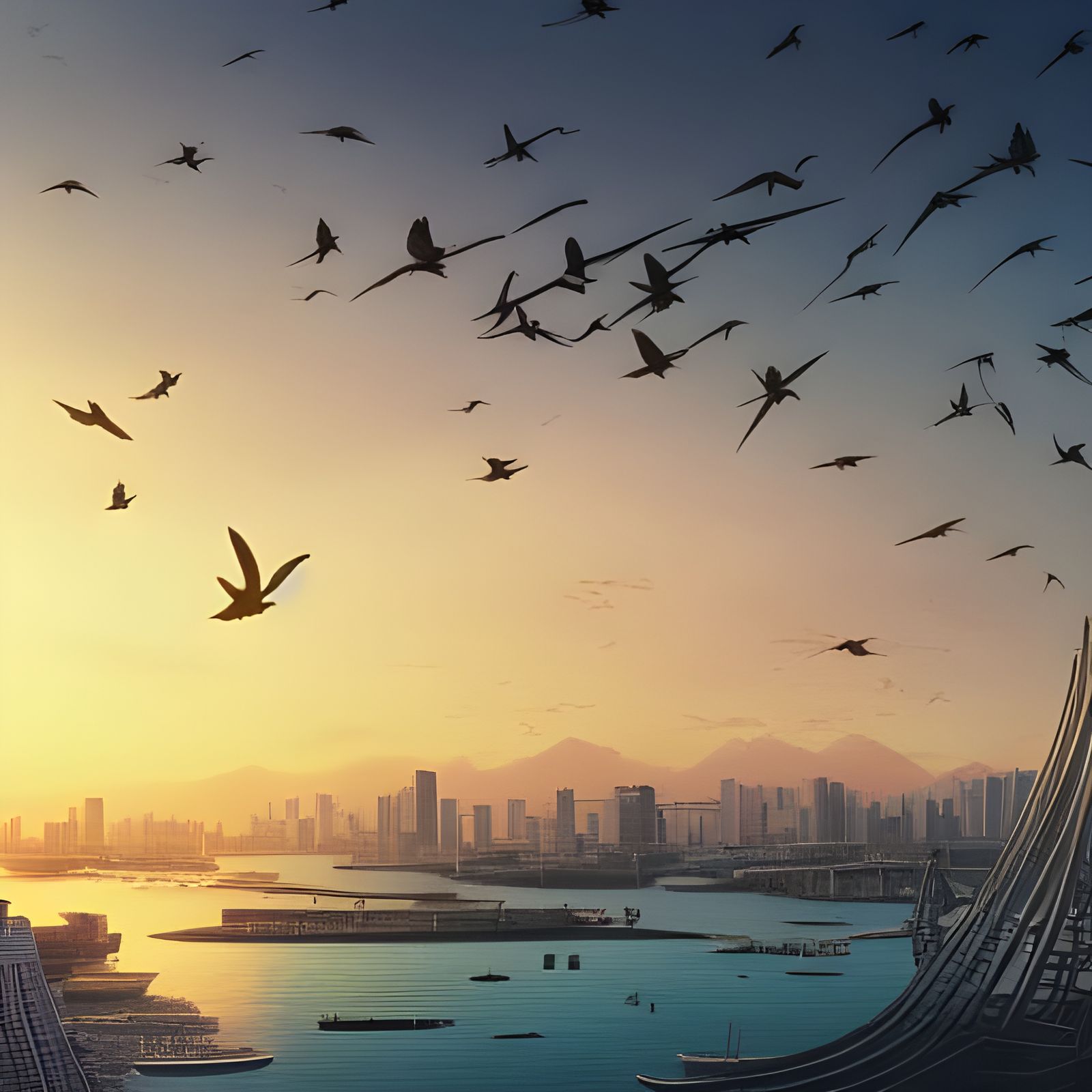 Tokyo Bay Sunset in Anime Style