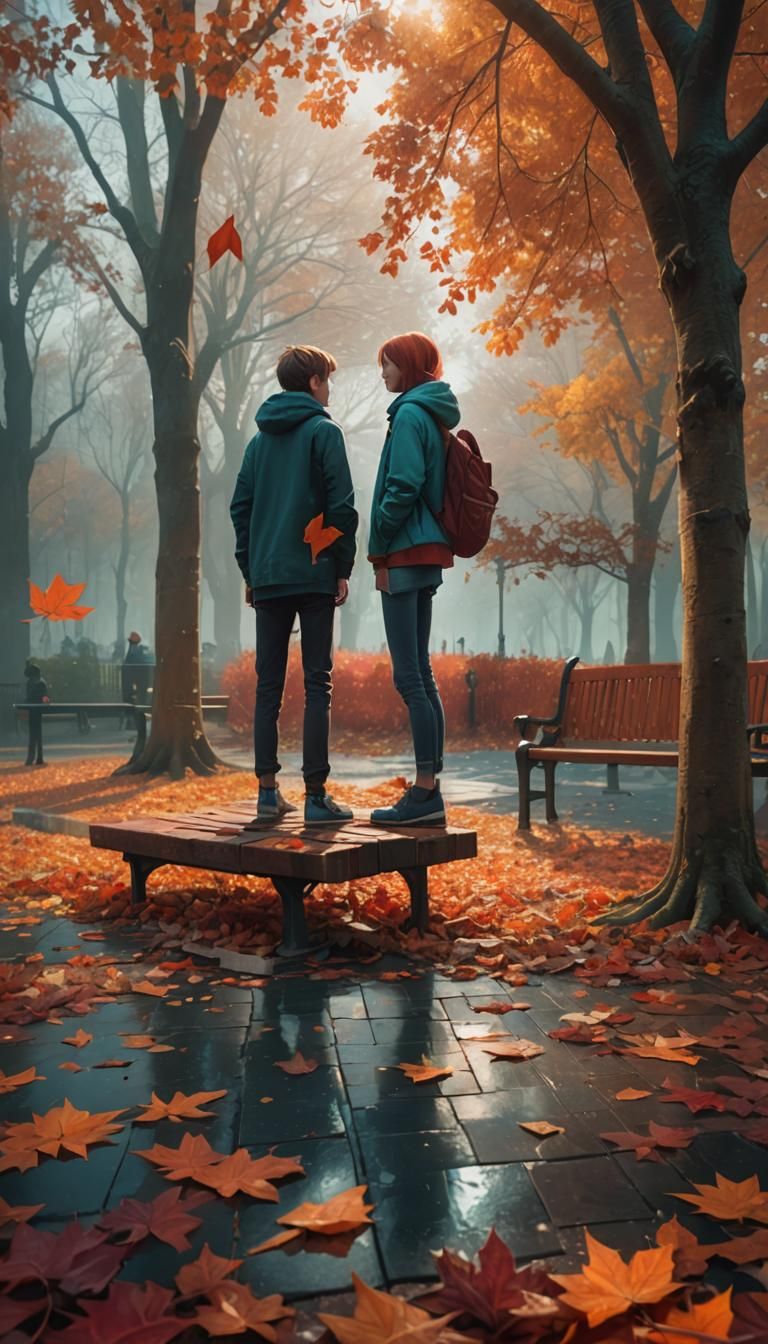 Boy and Girl Apart in Autumn Park Concept Art