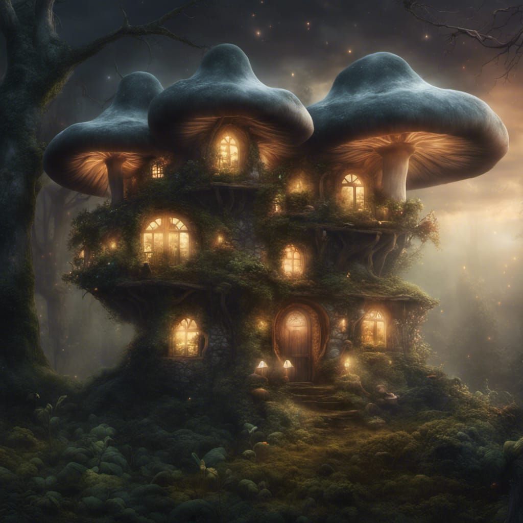 Mushroom Houses Aglow with Fairy Lights in Forest