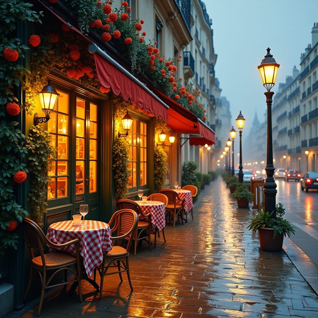Charming Parisian Café at Dusk in Impressionist Style