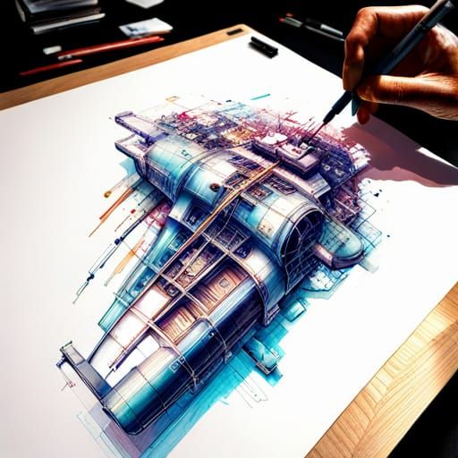 Detailed Submarine Blueprint in Hyperreal Style