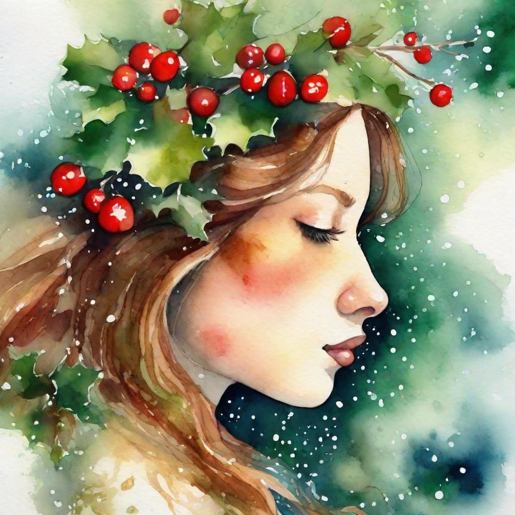Whimsical Watercolour Portrait of Woman with Holly