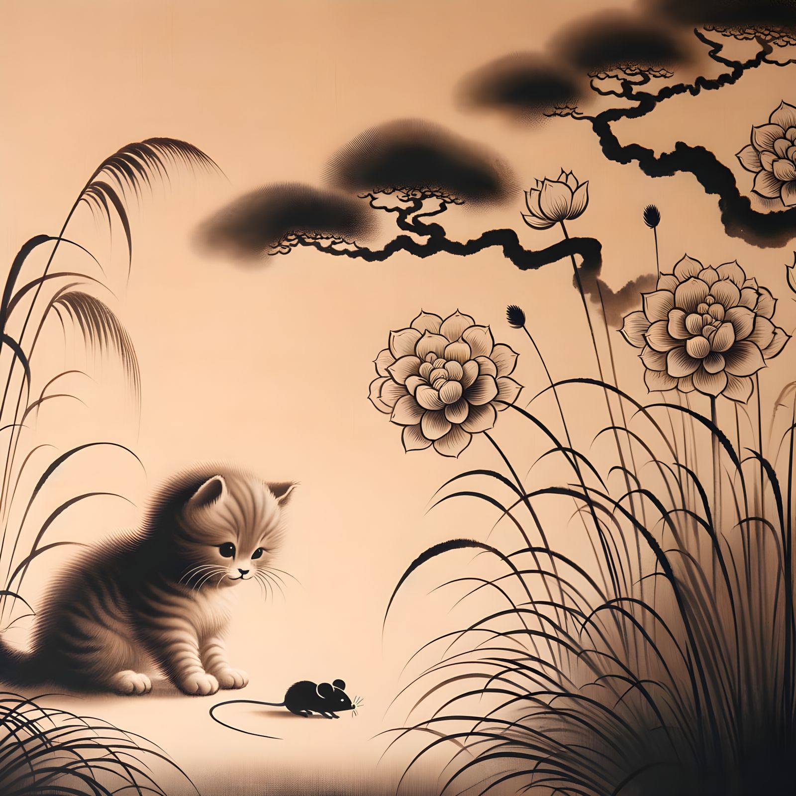 Whimsical Kitten Observes Mouse in Serene Chinese Garden