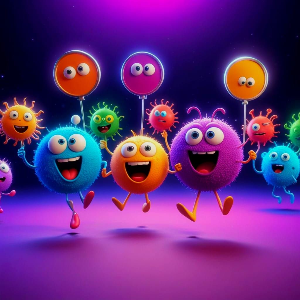 Cute Bacteria Characters Dancing in Cartoon Style