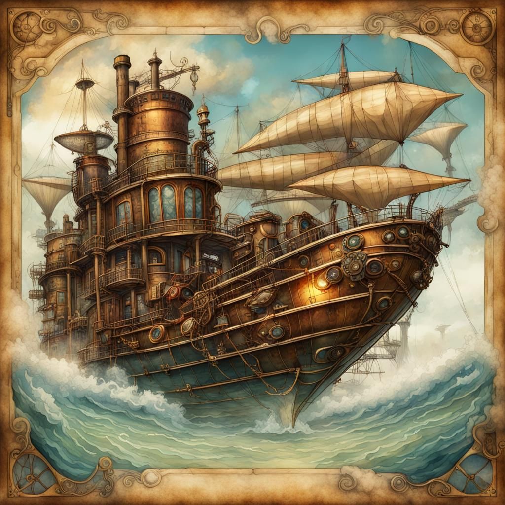 Steampunk Airship Over Ocean in Watercolor Style
