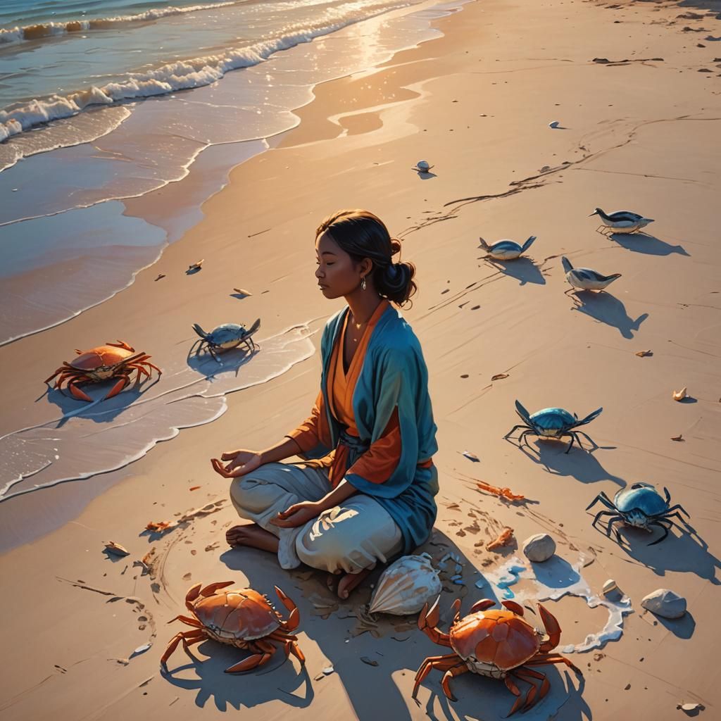 Meditating Woman on Beach at Sunset: Concept Art