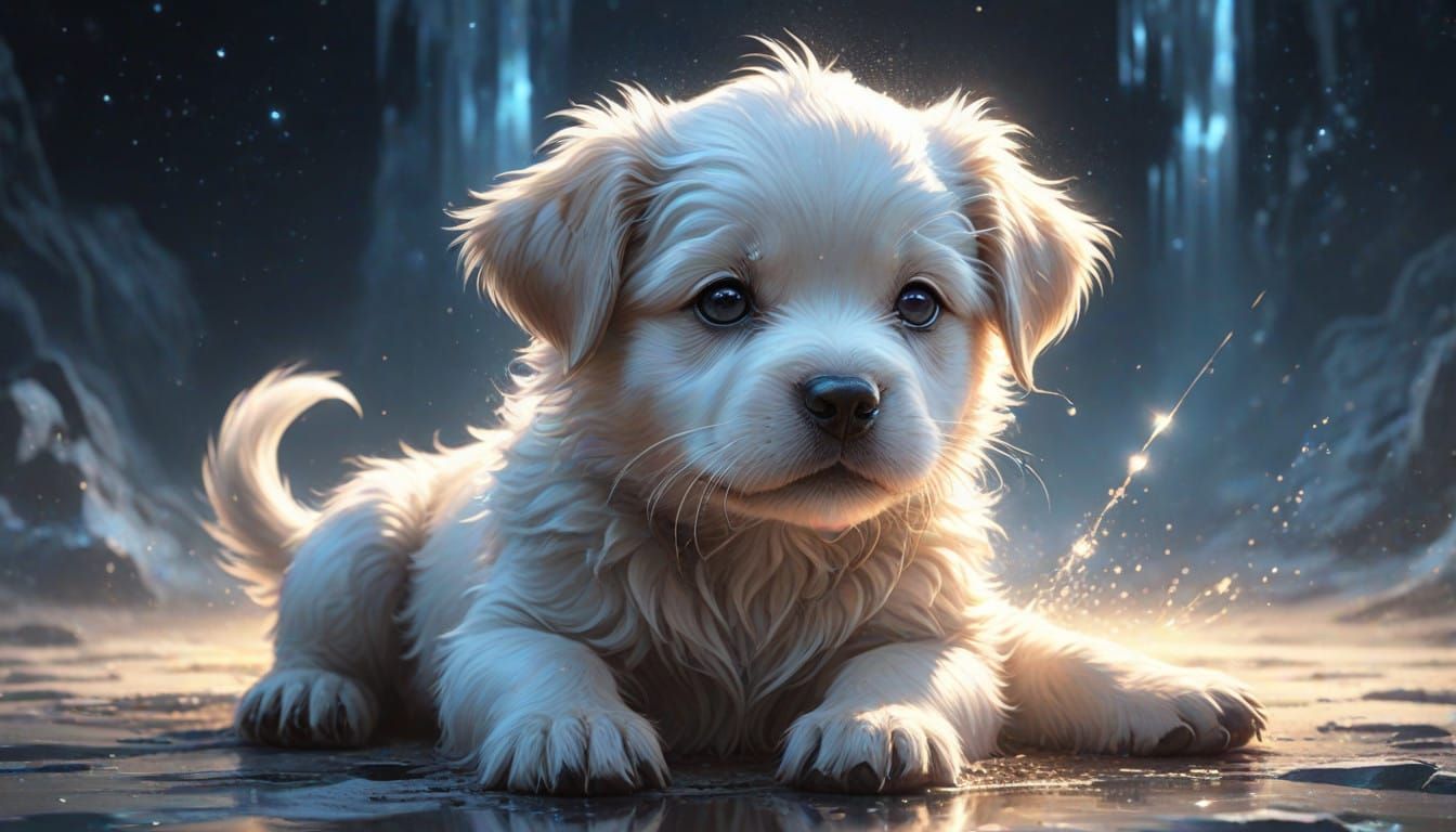 Sparkling Celestial Puppy Radiates Cuteness in Dark Atmosphe...