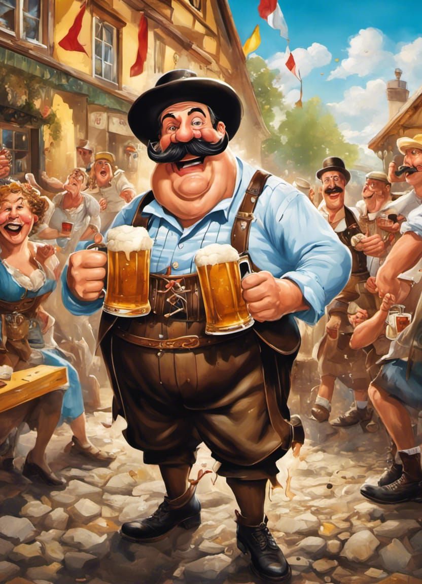 a caricature of a large german man with a  mustache; wearing traditional lederhosen splashing   beer from a stein in one...