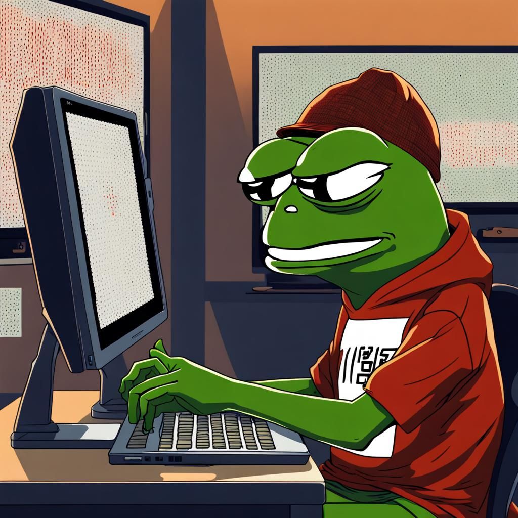 Make a meme of pepe the frog with computer binary code as background, when pepe is
sitting behind his laptop hacking, a...