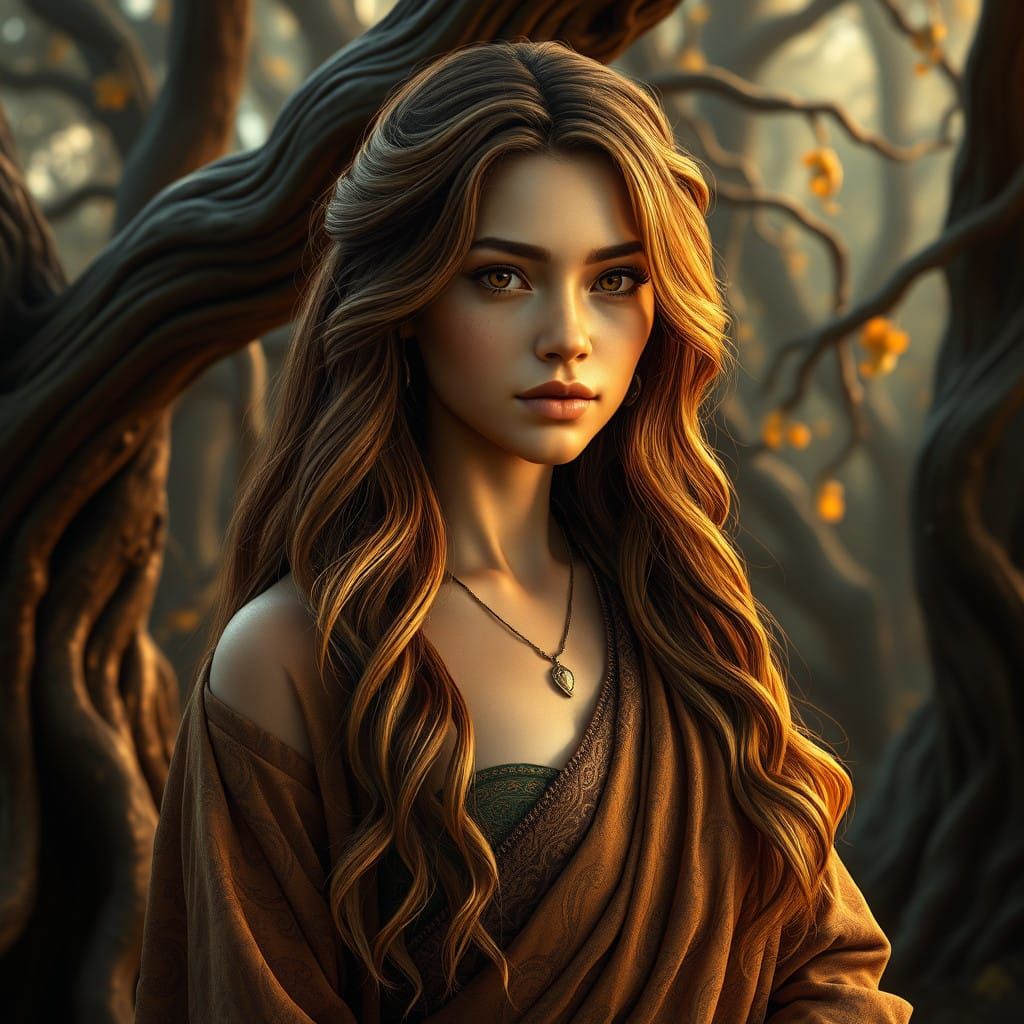 Woman in Ancient Forest, with Flawless Matte Painting Aesthe...
