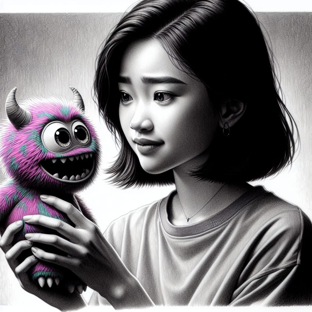 Realistic Pencil Sketch: Woman with Monster Toy