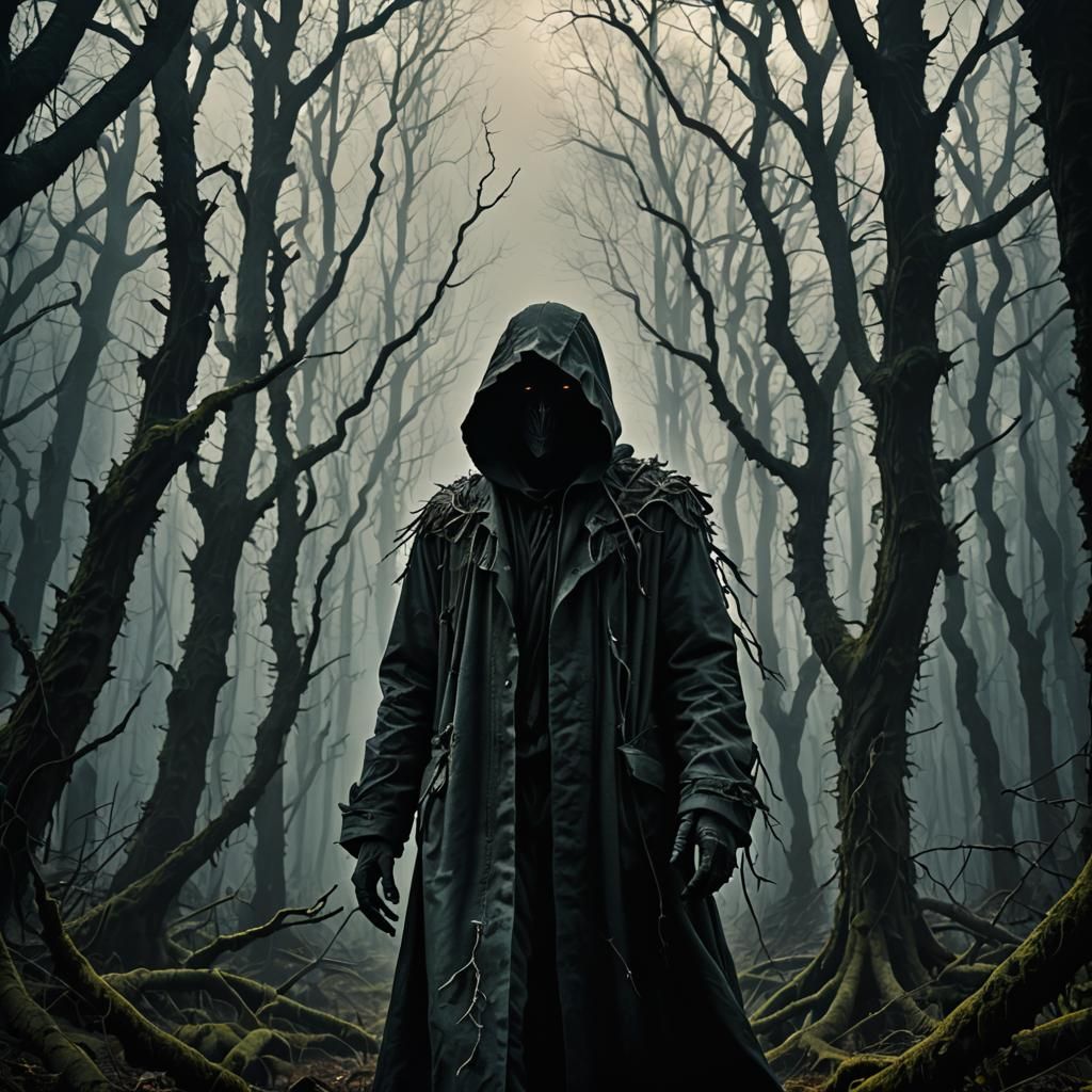 Mysterious Figure in Dark Forest, Surreal Digital Art