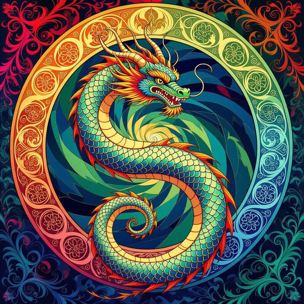 Kaleidoscopic Dragon in Art Nouveau Style