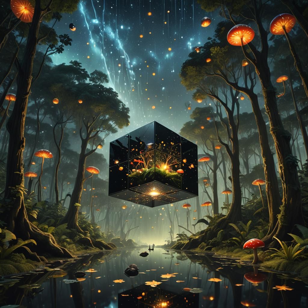 Mystical Rainforest with Floating Cube in Unreal Engine