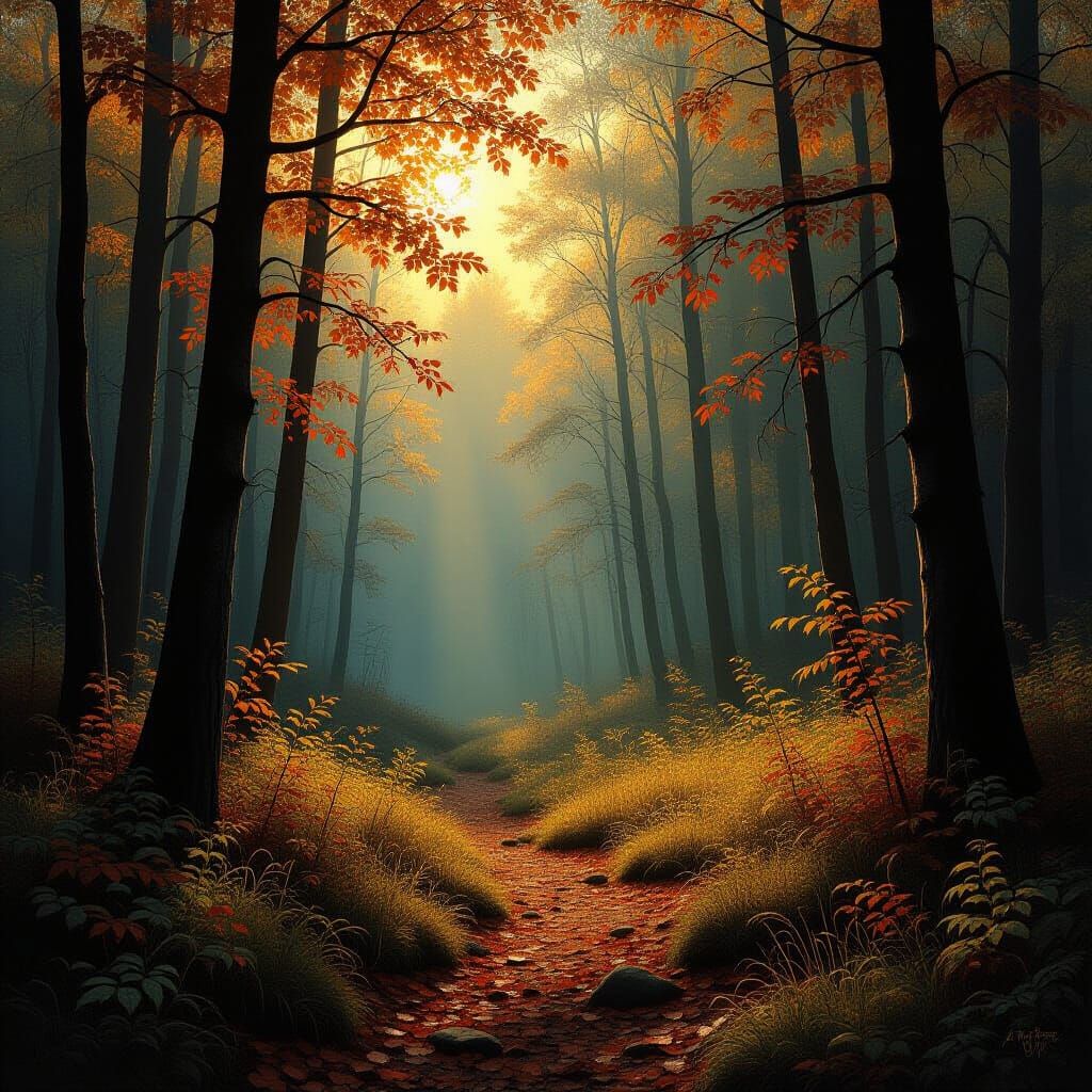 Sunlit Autumn Glen in a Mystical Forest