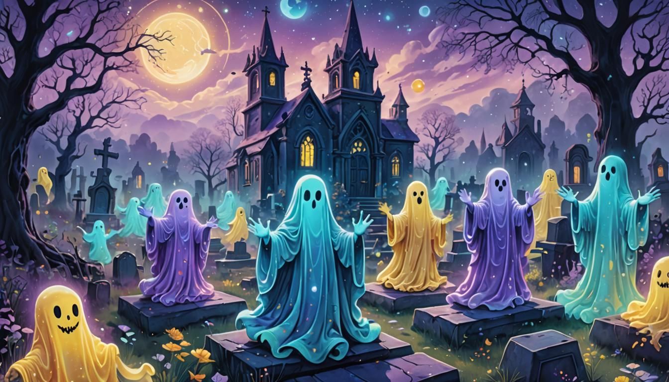 Ethereal Ghosts Floating Over Misty Graveyard