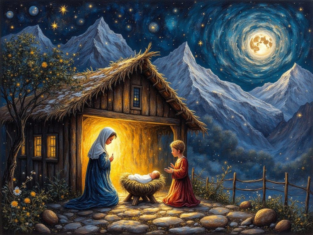 Nativity Scene in Golden Light as Neo-Impressionist Painting