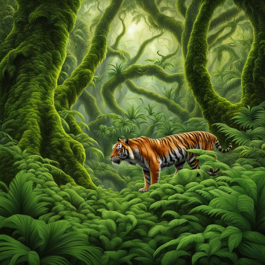 Tiger Hunt in Lush Rainforest Canopy
