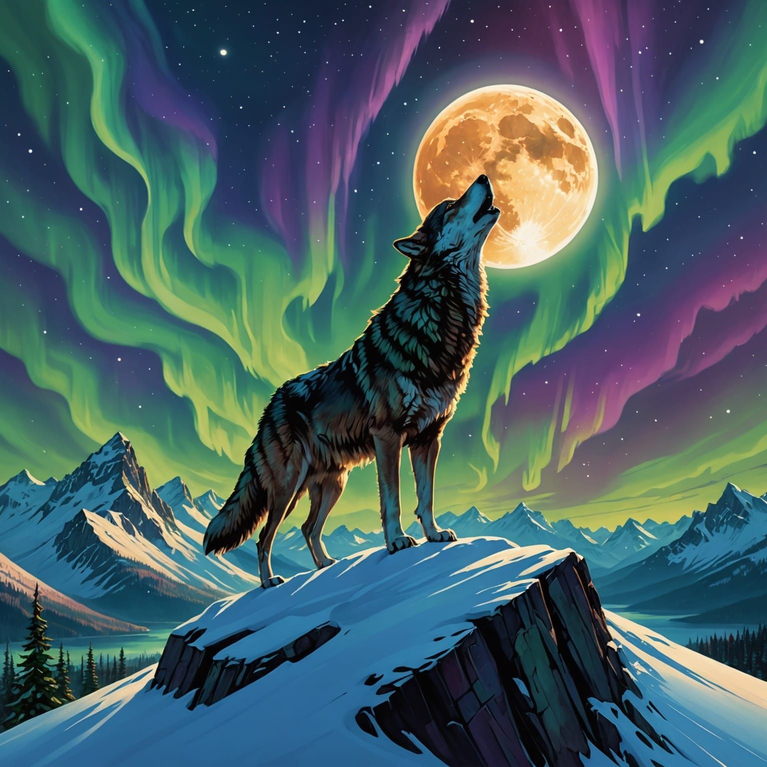 A lone wolf stands atop a snow-covered mountain peak, howlin...