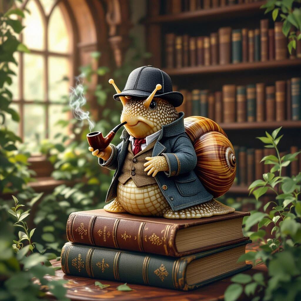 Victorian Snail Detective in Whimsical Library