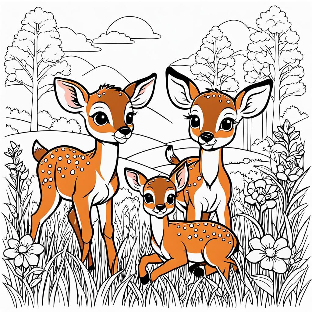 Playful Fawn Cubs in Whimsical Cartoon Line Art