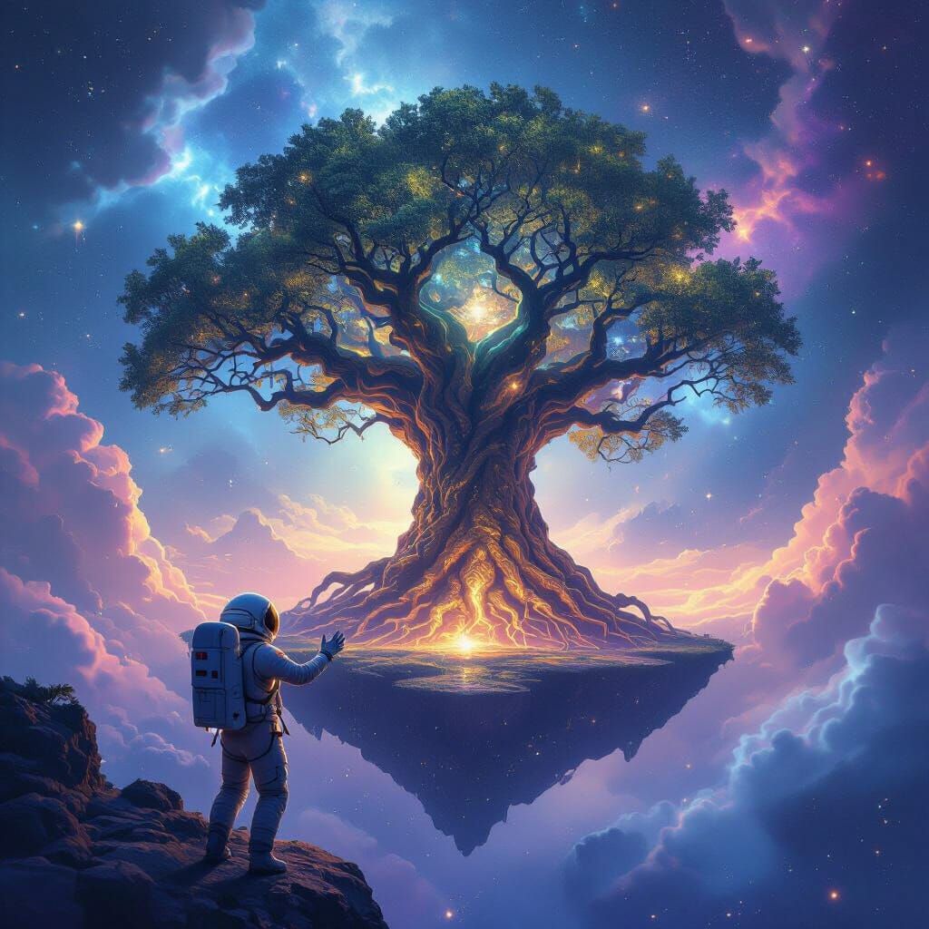 Astronaut Reaches for Cosmic Tree in Nebula