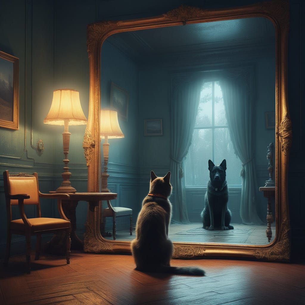 Whiskered Cat Stares into Antique Mirror, Surrounded by Magi...