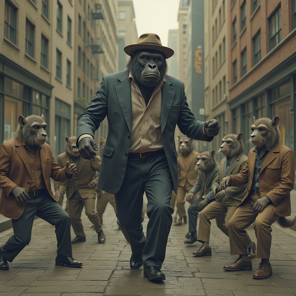 Ape Dance in City Street with Anthropomorphic Animals